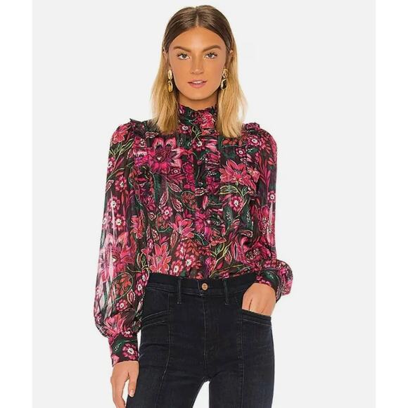 NWT Divine Heritage Bib Front Floral Ruffle Blouse Top Pink Size Small - Picture 1 of 9